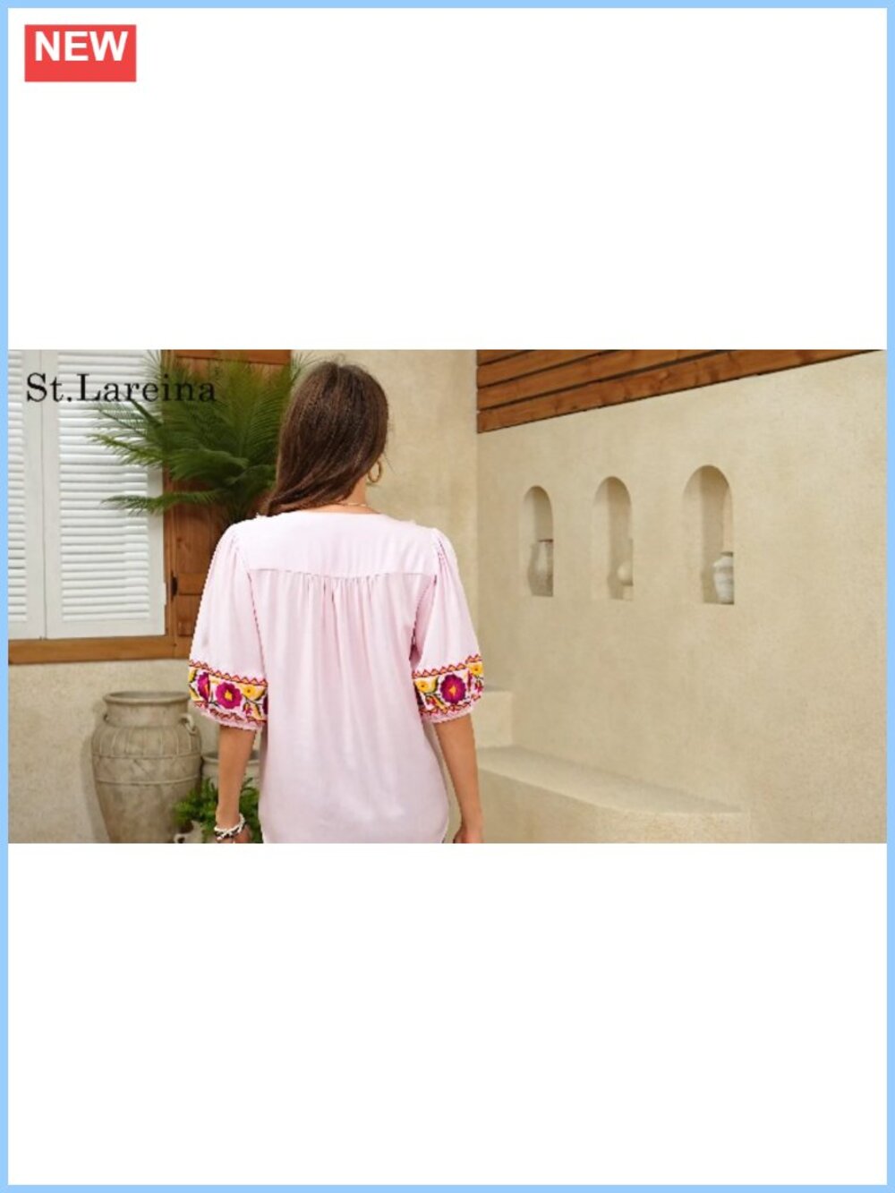 Women's Embroidered Boho Tunic Blouse Puff Short Sleeve Floral Tassel - Picture 6 of 6